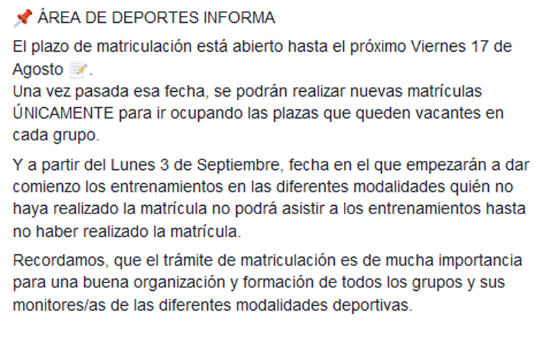 Aviso Matrícula Escuelas deportivas 2018-19