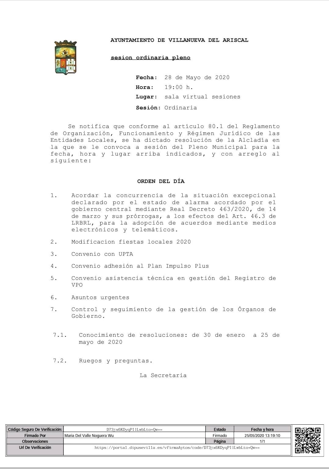 orden del día pleno mayo 2020