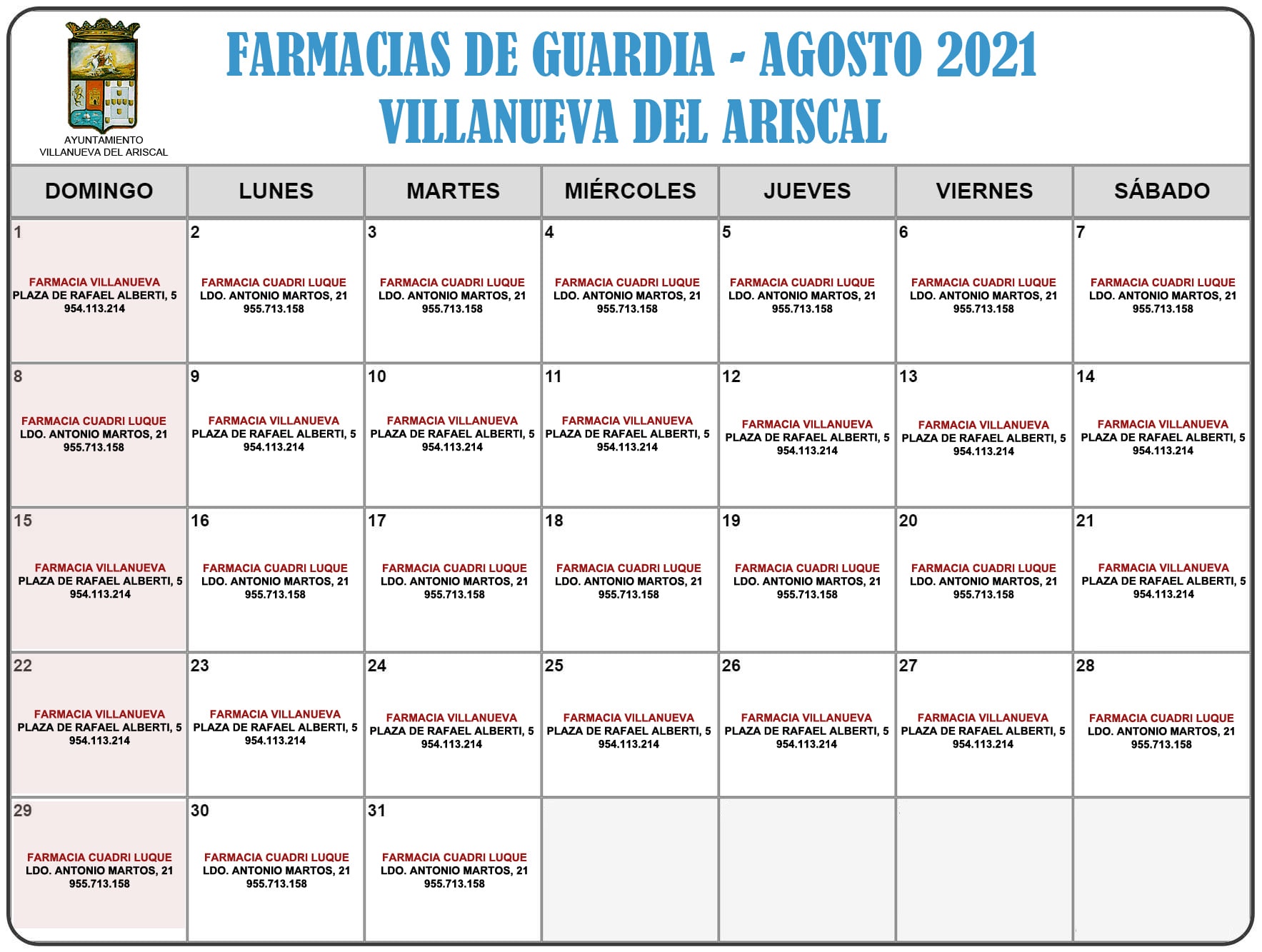 FARMACIAS DE GUARDIA AGOSTO 2021